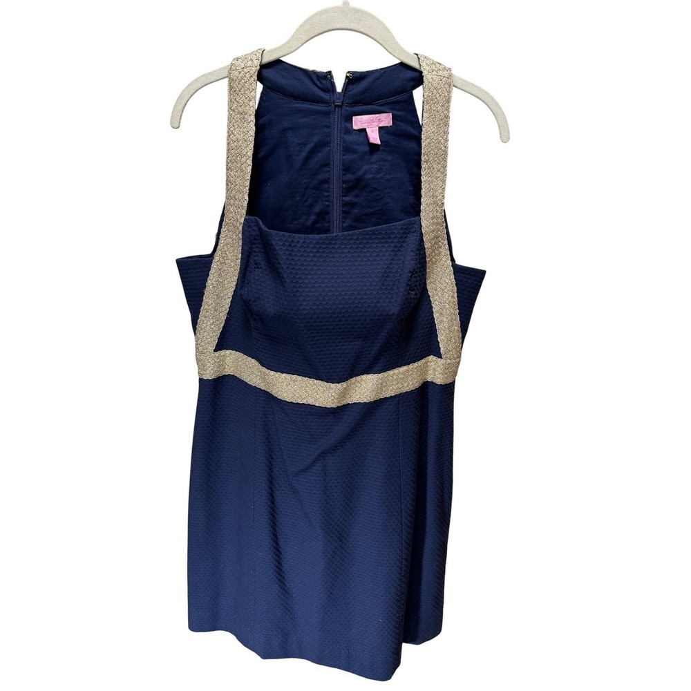 Lilly‎ Pulitzer Sheath Dress Womens 12 Navy Blue Gold Trim Metallic Pique Halter